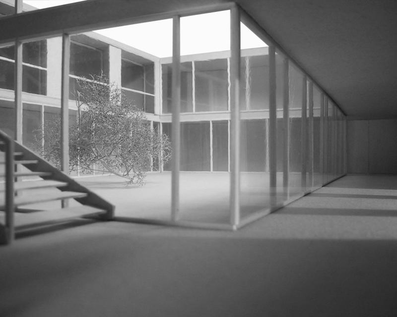 Competition nursing home Wangen SZ view from the foyer to the courtyard in collaboration with DWarch and Vetsch Nipkow landscape architects