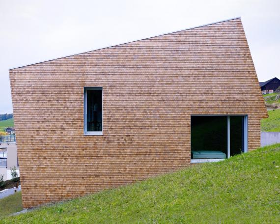 House Tuggen on the edge of the forest with wooden shingles in red cedar