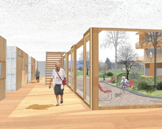 Competition nursing home Im Morgen in Weiningen corridor area with a view to the courtyard in collaboration with DWarch