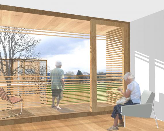 Competition nursing home Im Morgen in Weiningen nursing room with balcony and view to the courtyard in collaboration with DWarch