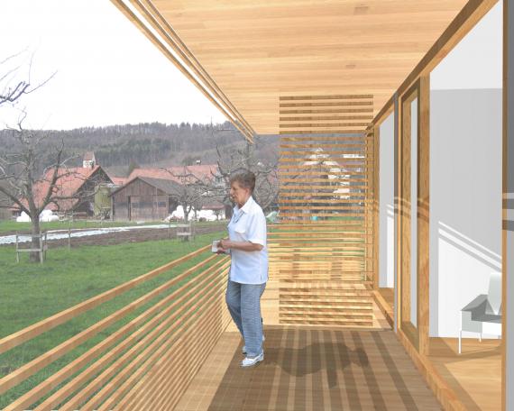 Wettbewerb Alterswohnheim Im Morgen in Weiningen Balkon mit Blick in den Innenhof in Zusammenarbeit mit DWarch 