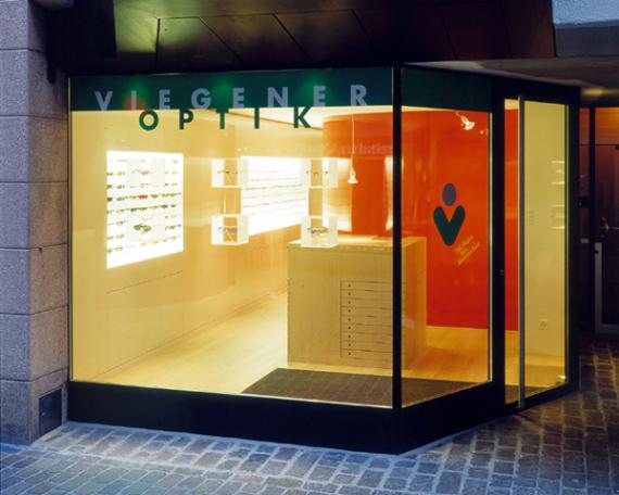 Viegener Optik optician store shop-window from outside with view to the showroom 