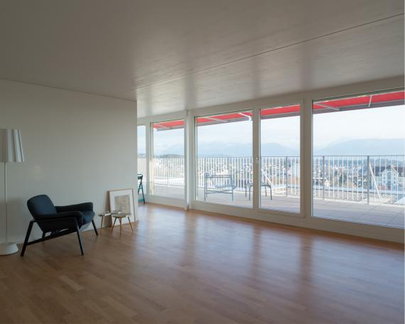 Conversion of apartment buildings on Baumgarten in Tann Extension of loft living room with view of the terrace and mountains 