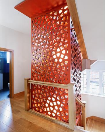 Staircase installation London top floor lantern with sprayed and perforated MDF panel