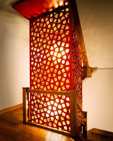 Staircase installation London first floor lantern with sprayed and perforated MDF panel