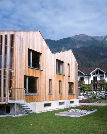 House Weesen with vertical strips of wood clad in larch and view to the Churfirsten