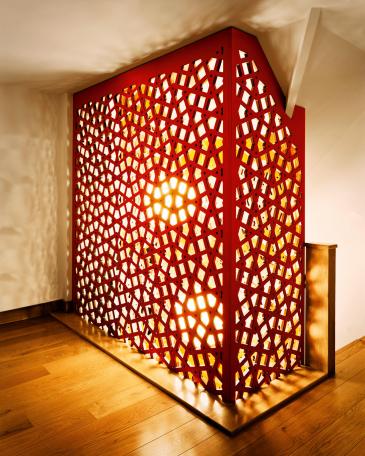 Staircase installation London top floor lantern with sprayed and perforated MDF panel