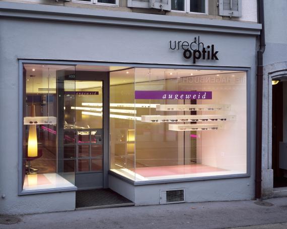 Urech Optik optician store outside view from the shop with the two display windows